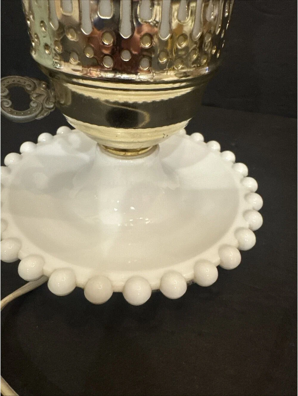 VTG Milk Glass Hand Painted Floral Hurricane Vanity Table Lamp Trinket Tray